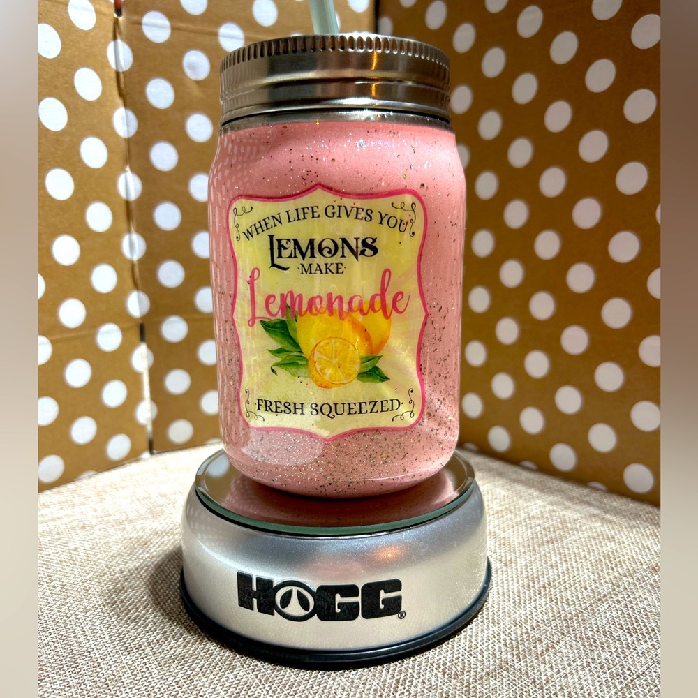 Handmade Pink “Lemonade” Glitter Mason Jar Tumbler
